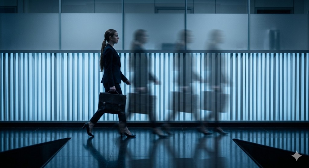 Team in motion in tech corridor